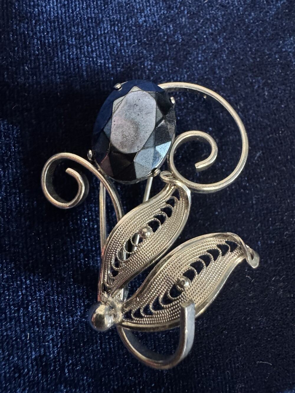 Vintage Western Germany Filigree Floral Brooch Blue Glass Stone Silver Tone